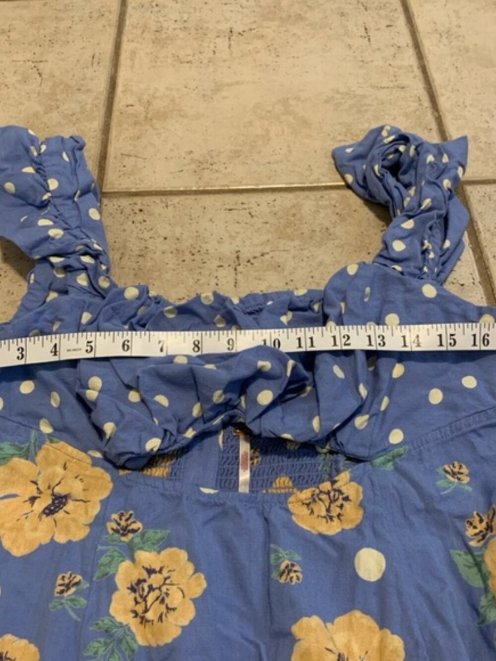 Free People Blue Yellow Floral Polka Dot Smocked Mini Dress XL - Picture 7 of 10